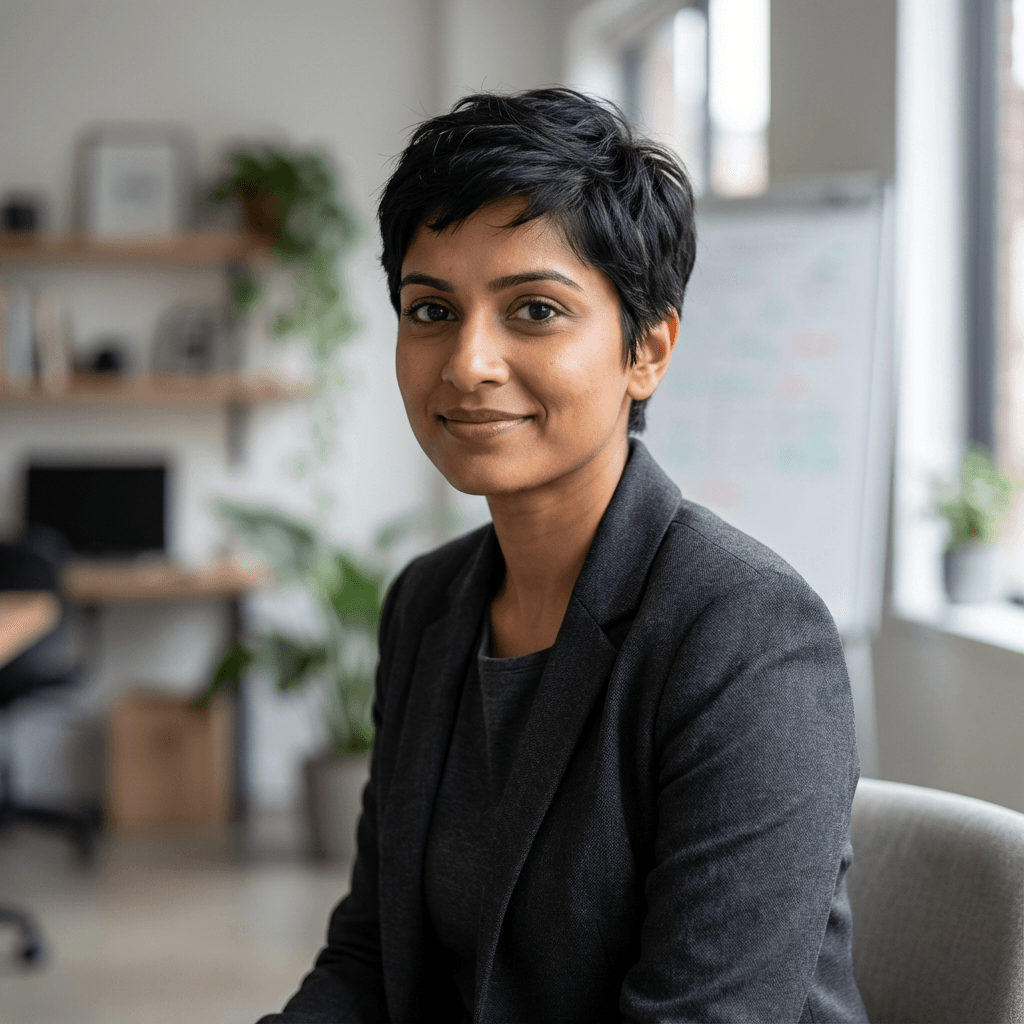 Aisha Thompson smiling in a modern office