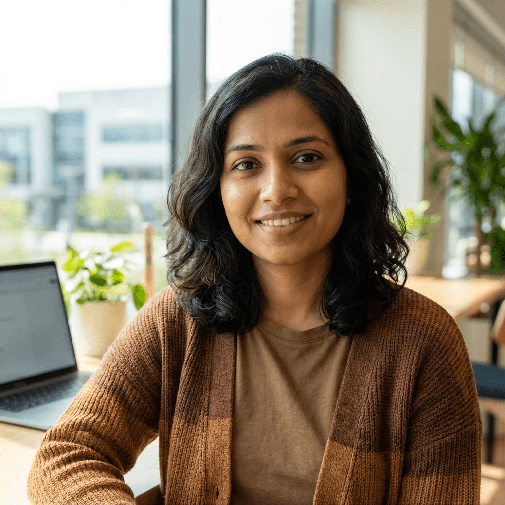 Priya Sharma in a bright office at her desk