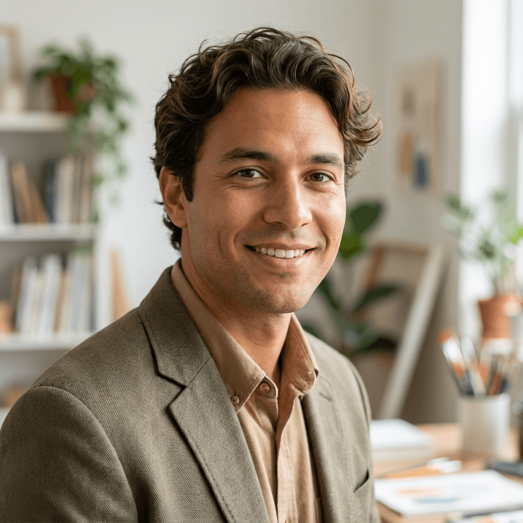Samuel Hansen smiling at his desk in a bright home office