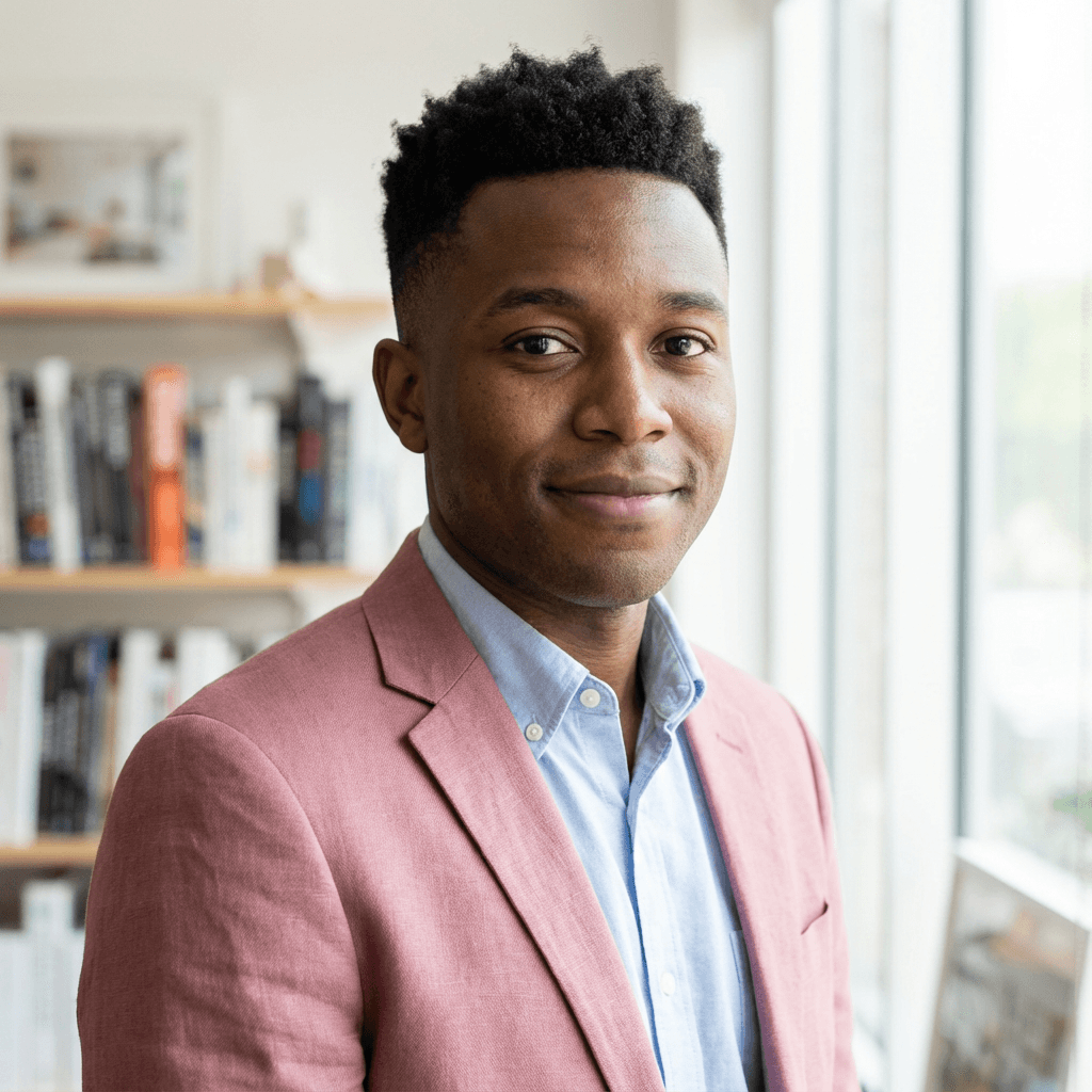 Daniel Osei in a casual blazer at a workspace