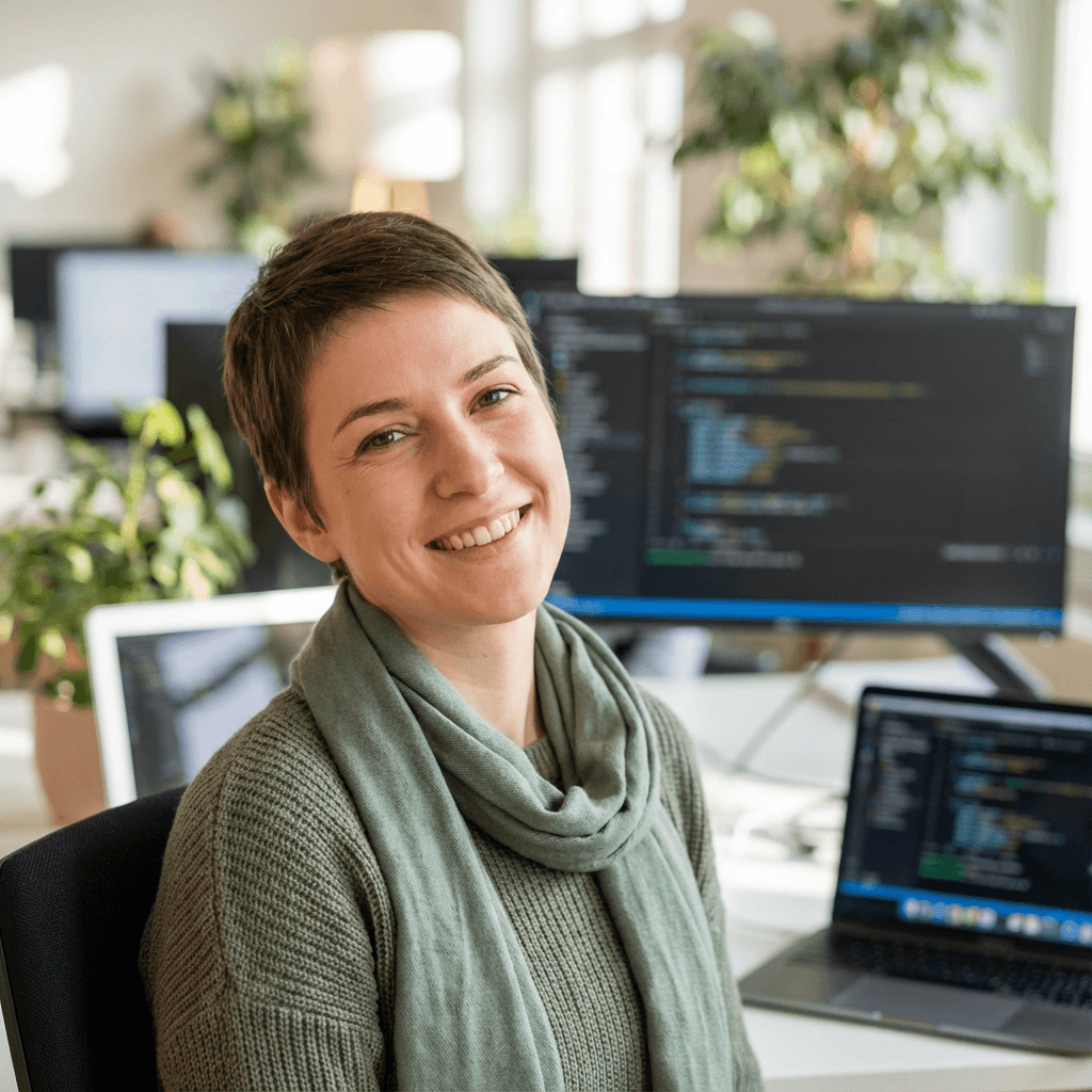 Nadia Kowalski in a comfortable home office with a cup of tea