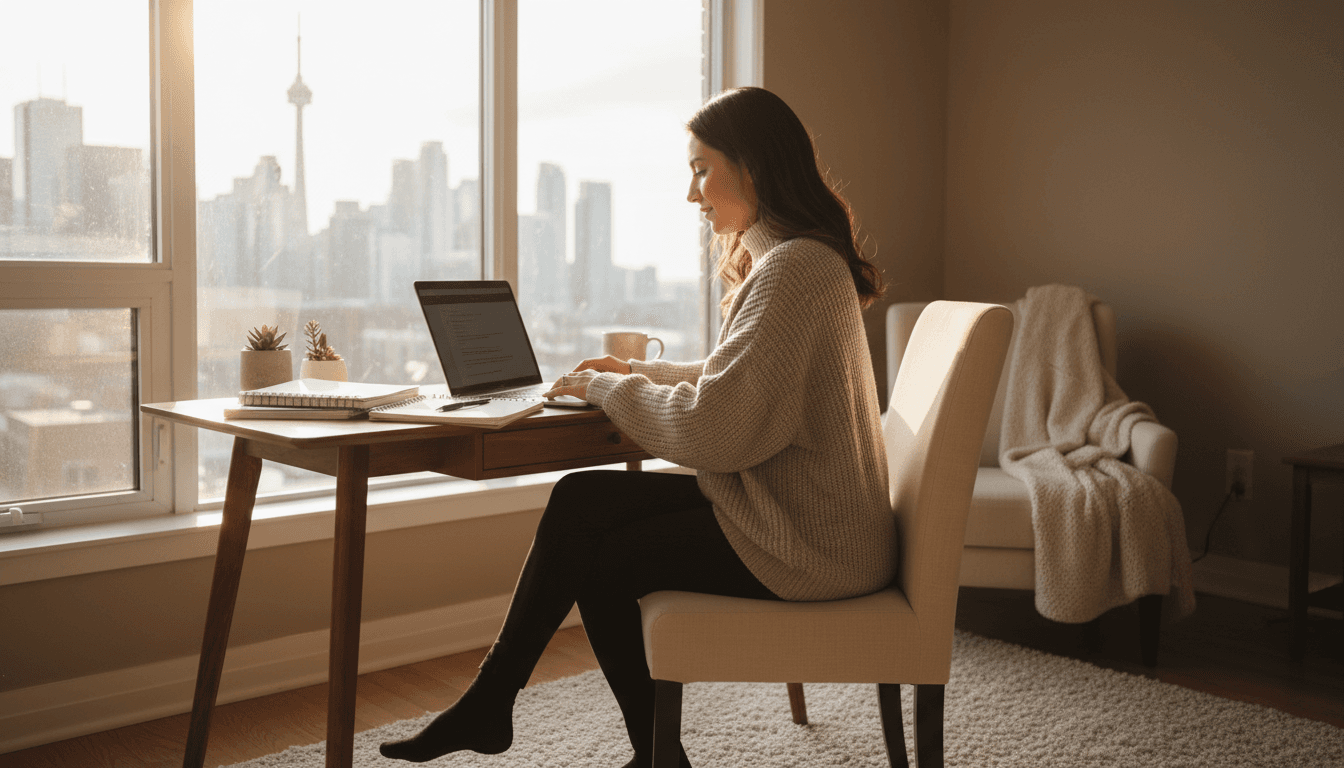 Person studying on a laptop at a bright home desk