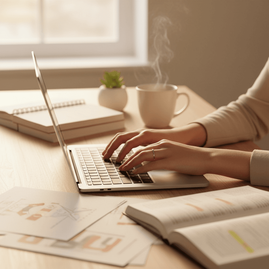 Laptop on a wooden desk showing an online course, with a notebook nearby in a cozy home office