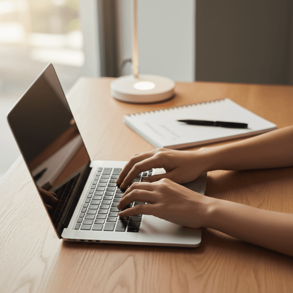 Hands typing on a laptop at a home desk, notebook beside them, warm natural light